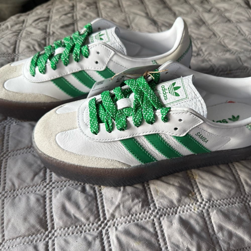 Women’s Adidas Sambae White and Green Sneakers